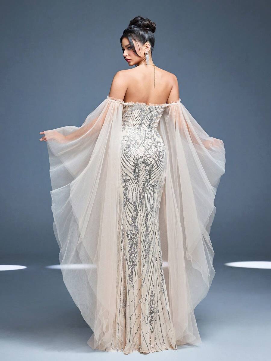 Off Shoulder Ruffle Layered Butterfly Sleeve Patchwork Sequin Fitted Mermaid Maxi Dress