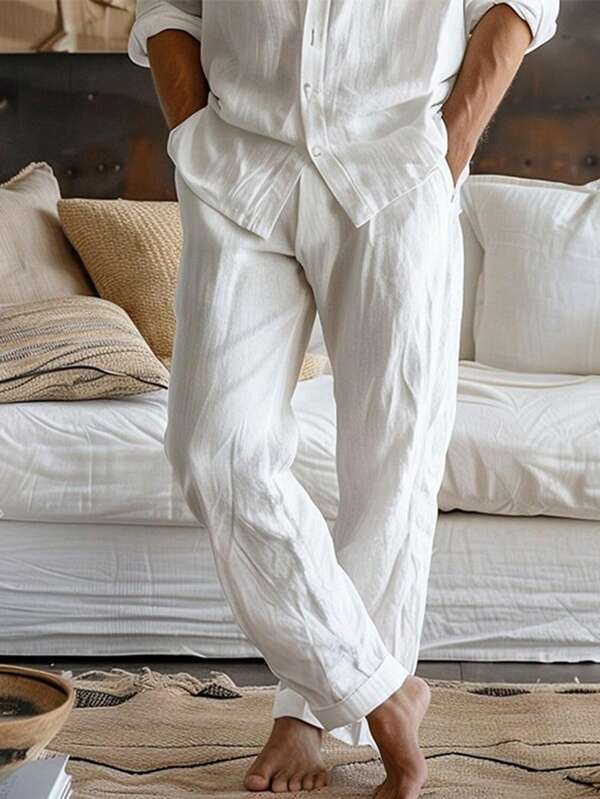 Men's Casual Solid Color Drawstring Waist Linen Pants