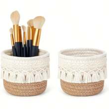 1 Stück handgewebter Aufbewahrungskorb mit Quastendetails - hypoallergen, leichter Tischorganizer-Kasten für Kosmetik, Stifte usw. - Naturweißer Faser, Ins-Stil gewebter Make-up-Pinselhalter, Stifthalter, Desktop-Organizer-Korb, Bestseller-Quastenhalter Tischorganizer-Korb für Kosmetik, Make-up-Pinsel
