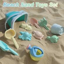 11件儿童可折叠柔和色彩沙滩玩具套装 - 便携式水桶、铲子、水模。户外旅行沙水玩乐工具，早教沙滩玩具。推荐给男孩和女孩的生日、沙滩节日礼物。配件颜色随机搭配