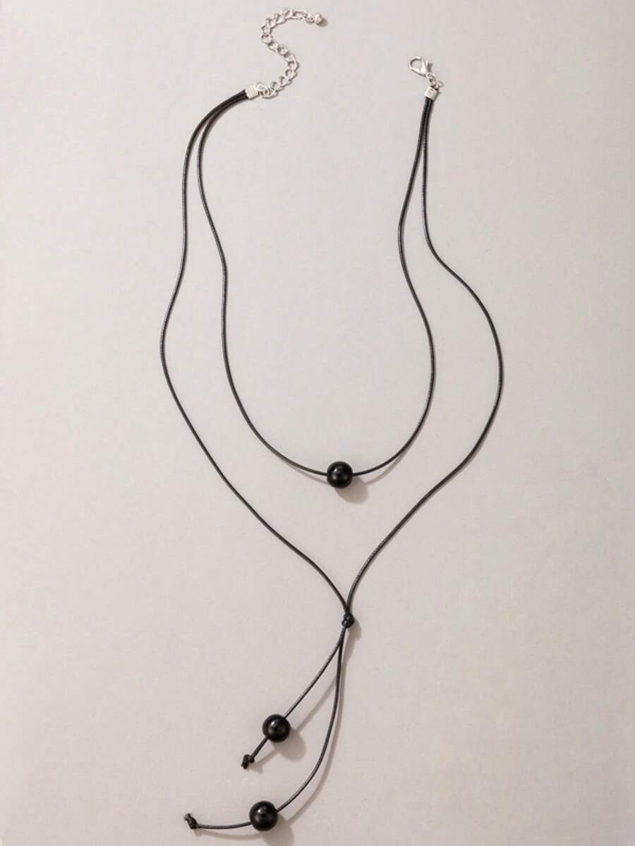 Fashion Minimalist Multi Strand Beaded Rope Pendant Necklace - Black - View 1