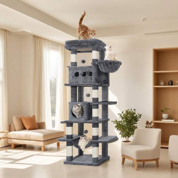 170 cm Tiragraffi Grande, Torre di Gatto, Albero Tiragraffi a Più Piani con Grande Asta di Seduta, Lavabile, Mobili per Gatti con 2 Grotte, 8 Tiragraffi, Amaca, Pompon