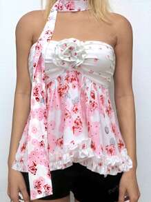 Women's Asymmetrical Floral Decor Strapless Vest With Scarf, Detachable, Vintage Y2K Streetwear
