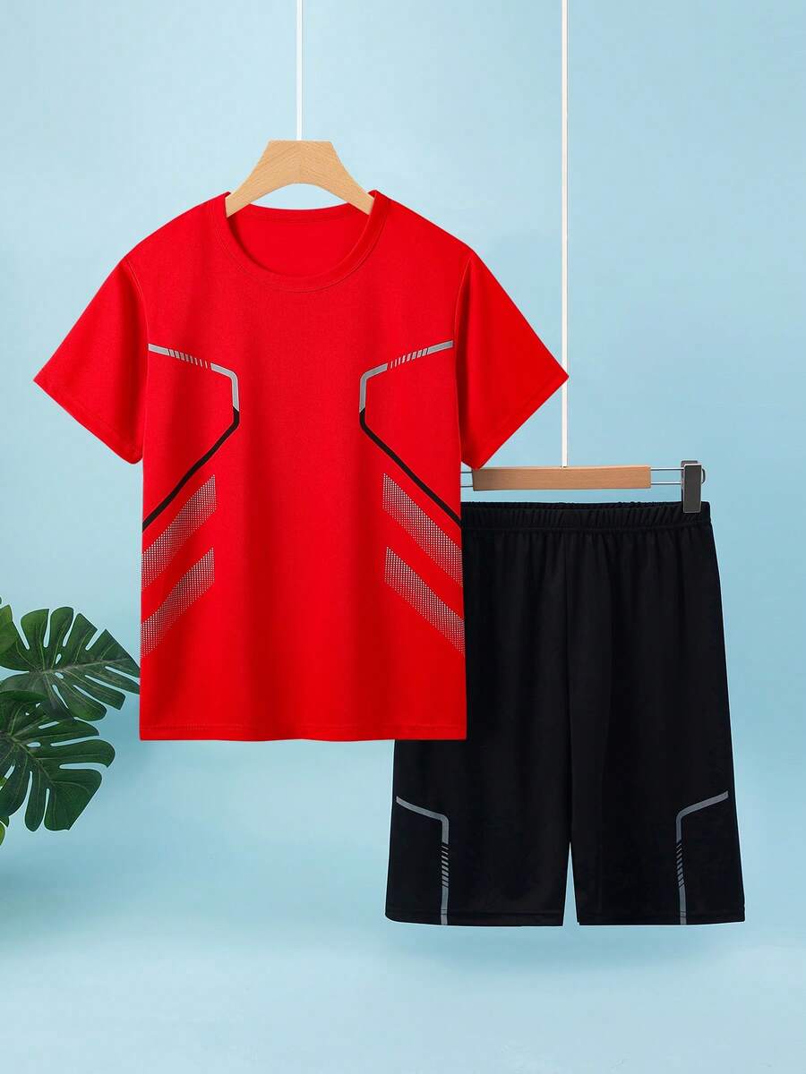 2 件套青少年男童运动服,轻质短袖 T 恤上衣和短裤,夏季运动服 - 彩色 - 查看 1