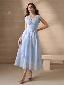 Elegant Embroidered Fabric V-Neck Back Zipper A-Line Dress, Young Fashion Design - Baby Blue - View 5