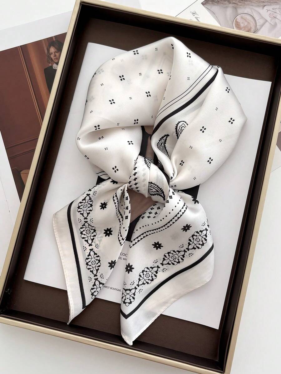 1 件时尚佩斯利印花 70 厘米方形围巾女士缎面披肩围巾女士头巾 Hjiab 花卉 - 白腰果 - 查看 1