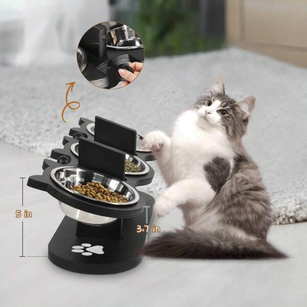Raised Cat Bowl, Adjustable Cat Food Bowl, 15 Degree Tilted Food Bowl For Cats, Puppies And Small Pets, Raised Dog Food Bowl, Adjustable Dog Food And Water Bowl, With 3 Stainless Steel Stands, Pet Essentials, Easy To Assemble And Carry, Easy To Clean, Can Be Disassembled And Washed, Essential Cat Bowl For Multiple Kittens