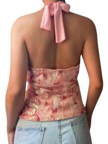 Women's Sequins Halter Tops Y2k Vintage Stylish Backless V Neck Sleeveless Slim Fit Cami Vest Summer Tank Top