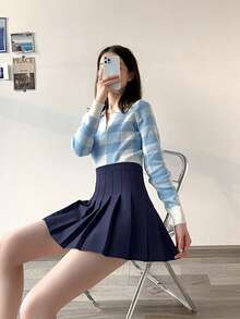 Falda plisada de cintura alta para mujer, falda corta de verano, estilo universitario, estilo japonés y coreano, falda ajustada de línea A de color sólido, falda antiexposición - Azul Marino - Ver 4