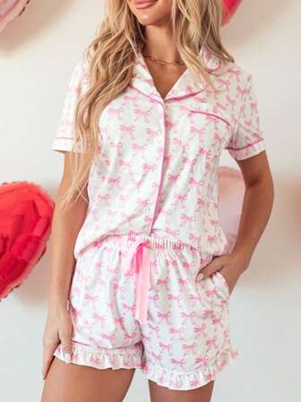 女士蝴蝶结印花短袖荷叶边短裤套装