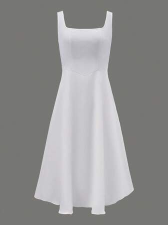 女士优雅白色高腰无袖 A 字连衣裙，时尚方领