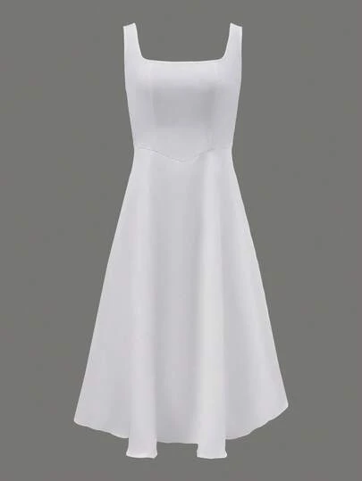 女士优雅白色高腰无袖 A 字连衣裙，时尚方领