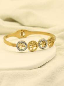 1pc Fashionable & Elegant 4-Tree Cubic Zirconia Bangle, Versatile Gold Color Bracelet Suitable For Party, Festival And Daily Wear