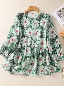 Women's All-Over Botanical Print Button-Front Shirt - Peter Pan Collar 3/4 Sleeve Blouse For Everyday/Festive Occasions/Date Nights, Spring-Fall Wardrobe Must-Have