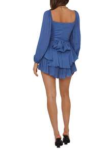 Women Puff Long Sleeve Romper Off Shoulder Ruffle Flowy Short Jumpsuit Layered Pirate Dress With Shorts Playsuit - Blue - View 6