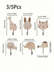 3/5pcs Cartoon Animal Wooden Decorative Wall Hook Set, DIY Home Storage & Organization Hooks For Bedroom, Bathroom, Dorm, Random Color