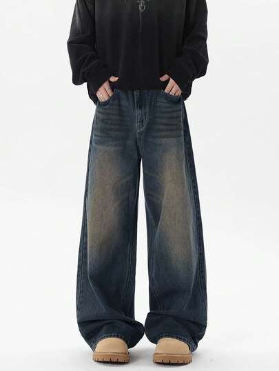 1 件男士时尚宽松复古水洗阔腿百搭牛仔裤