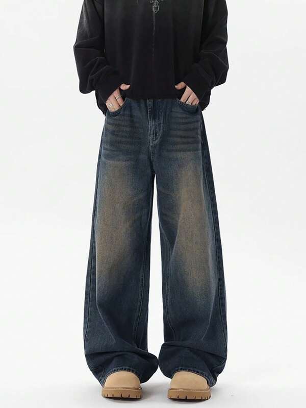 1pc Men's Fashion Loose Retro Vintage Washed Wide Leg Versatile Denim Jeans