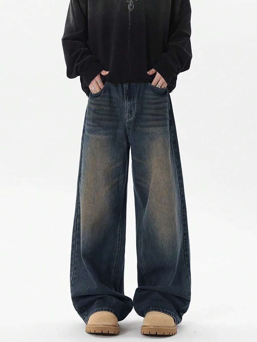 1 件男士时尚宽松复古水洗阔腿百搭牛仔裤 - 薄荷藍 - 查看 1