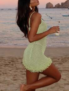 Women's Crochet Short Dress Hollow Out Spaghetti Strap Tassel Hem Bodycon Swimsuit Cover Up Summer  Knit Dresses - 綠色 - 查看 3