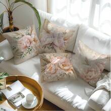 Set de 4 fundas de cojín con ramo de flores y trigo en color rosa, de material de terciopelo durazno suave, adecuado para sala de estar, dormitorio, sofá, decoración del hogar, impresión unilateral, medida de la funda de almohada: 45*45CM, regalo