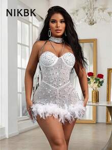 NIKBK Bộ đồ liền thân mini gợi cảm đính lông vũ nhân tạo đính ngọc trai trang trí cho nữ, dùng cho buổi hòa nhạc Rave lễ Phục sinh, váy dạ hội tiệc cocktail, trang phục câu lạc bộ lễ hội - trắng - Xem 5