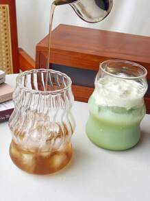 1 pieza Taza resistente al calor de 530ml/18.65oz Taza de vidrio transparente de alta borosilicato, taza con pajita, vaso asimétrico de bebida, vaso de agua transparente ondulado, vaso de bebida acanalado, vaso de cóctel con forma de onda, vaso para café helado con forma de calabaza
