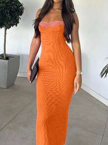 Đầm maxi ôm dáng màu trơn phối lưới và ren dành cho nữ, thiết kế lưng chéo với khoen kim loại, hoàn hảo cho tiệc tùng, sự kiện trang trọng, trang phục mùa xuân hè kiểu Y2K, ngày Valentine, đầm cocktail và đám cưới. - trái cam - Xem 3