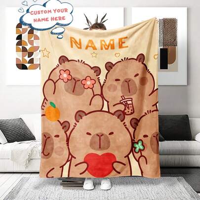 One Custom Capybara Pattern Blanket With Your Name On It - Soft, Warm, And Comfortable For Beds, Sofas, And Office Chairs - The Perfect Gift For Christmas And Halloween.