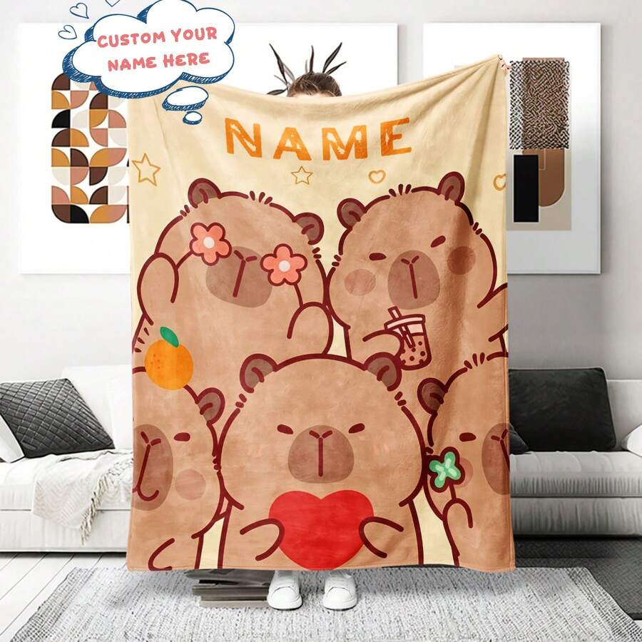 1 Manta personalizada con patrón de capibara con tu nombre - Suave, cálida y cómoda para camas, sofás y sillas de oficina - El regalo perfecto para Navidad y Halloween., Sofá cama, Regalo personalizado, Manta personalizada
