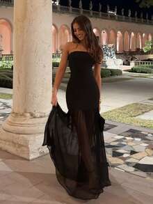 Chic Strapless Mesh Bodycon Maxi Dress With High Slit - Sexy Hot Girl Vacation Style