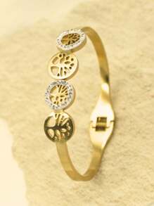 1pc Fashionable & Elegant 4-Tree Cubic Zirconia Bangle, Versatile Gold Color Bracelet Suitable For Party, Festival And Daily Wear