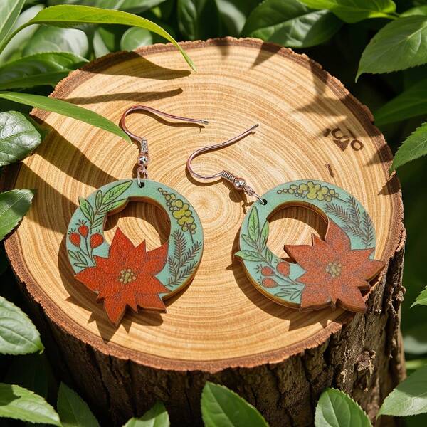 1 Pair Adorable Wooden Bird, Wheat Stalk, Tree Branch & Flower Design Earrings