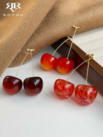 3 pares de pendientes elegantes con colgante de cereza en forma de fruta roja, un conjunto exquisito y de alta gama ideal para usar en reuniones, días festivos y para el uso diario