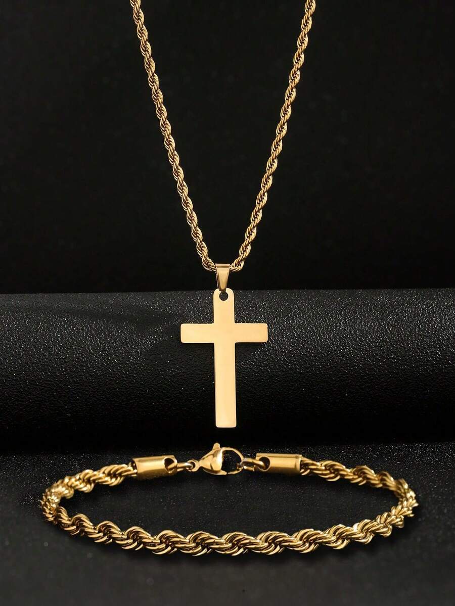 2 件套不锈钢扭曲金银色项链和手链套装，时尚男女通用礼物，适合父亲节、圣诞节、新年派对和日常佩戴