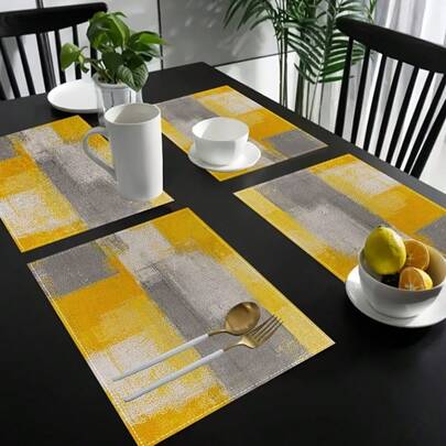 4pcs/6pcs Set Abstract Geometric Pattern Placemats, 12x18 Inch Rectangular Linen Table Mats, Machine Washable, Yellow & Gray Woven Tablemats, Suitable For Dining Room, Home, Kitchen, Party, Cafe