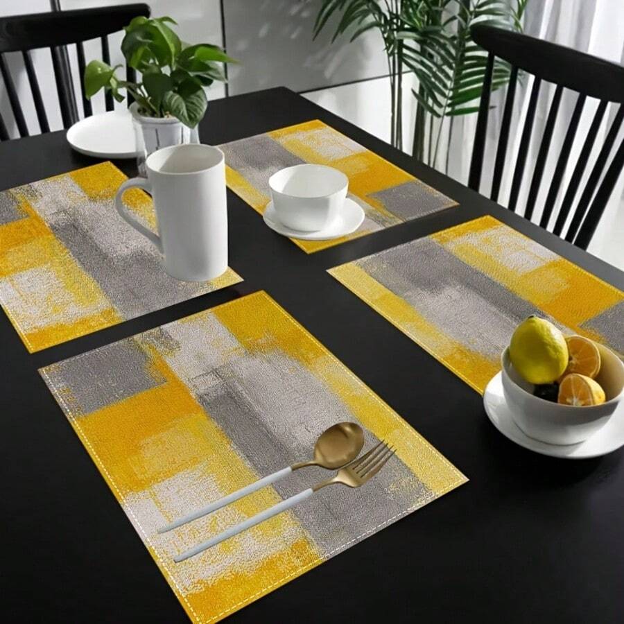 4pcs/6pcs Set Abstract Geometric Pattern Placemats, 12x18 Inch Rectangular Linen Table Mats, Machine Washable, Yellow & Gray Woven Tablemats, Suitable For Dining Room, Home, Kitchen, Party, Cafe - Yellow - View 1
