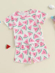 2 Piezas Conjunto de Ropa de Verano para Niña Bebé, Blusa de Manga Corta con Estampado de Sandía + Pantalones Cortos - Rojo - Ver 3