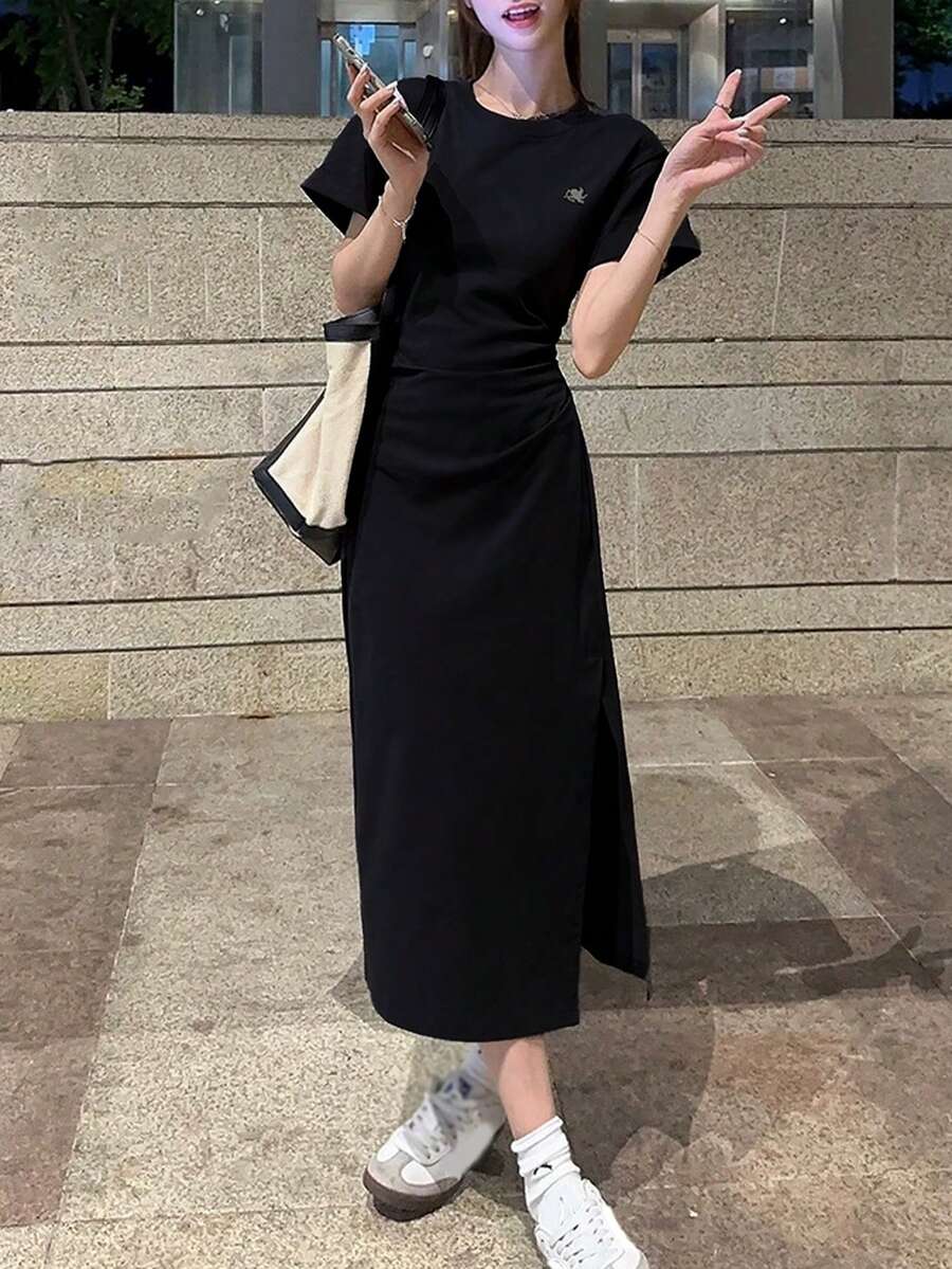 女式夏季天使图案褶皱休闲迷你连衣裙