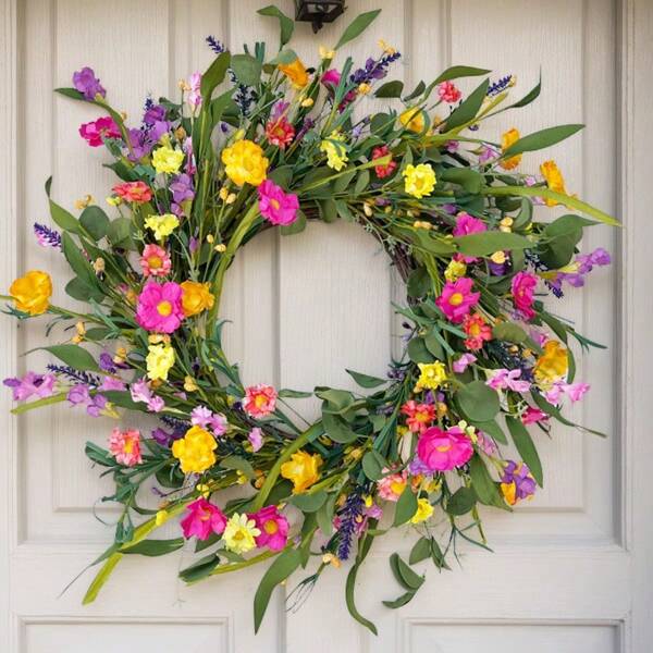 1pc 24-Inch Vibrant Lavender Wild Flower Wreath With Eucalyptus Leaves - Suitable For All Seasons, Great For Front Door, Balcony, Patio Or Wall Decor, Plastic Material, Hanging Design, Outdoor Garden Decoration