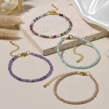 1pc Women's Dainty 3mm Natural Stone Aquamarine Sunstone Adjustable Bracelet, Minimalist Design For Daily Wear, Friendship Gift