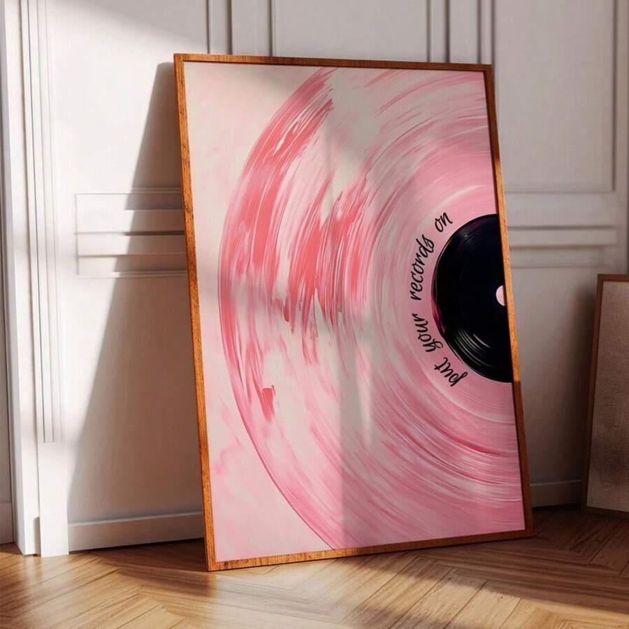 1pc Framed/Unframed Pink Vinyl Record Music Wall Art Poster Canvas Print Preppy Art Girly Room Aesthetic Decor Painting For Apartment,Living Room,Bedroom,Dorm,Modern Home Decoration - Multicolor - View 1