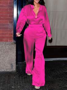 Women's Simple Elegant Plain Blouse And Trouser 2 Pieces Set, Autumn Spring - Màu Hồng Tươi - Xem 5