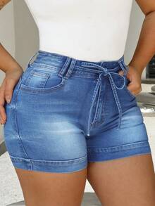 Shorts di jeans casual estivi con tasche ed elastico in vita per le donne - Lavaggio chiaro - Visualizzare 8