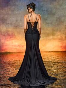 Elegant Deep V-Neck Backless Beaded Embroidered Sequin Patchwork Evening Dress Party - Black - View 2