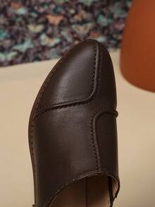 女士尖头弹力一脚蹬高跟穆勒鞋、粗跟露背拖鞋、休闲优雅棕色木屐 - 棕色 - 查看 5