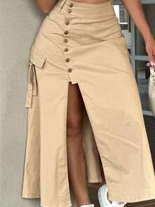 Plus Size Women Casual Solid Color Split Hem Utility Skirt - Khaki - View 1