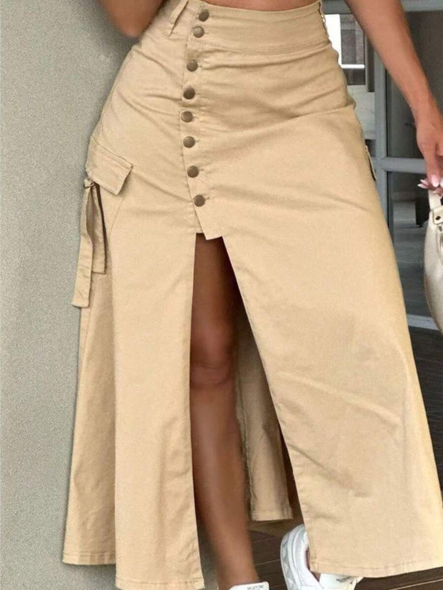 Plus Size Women Casual Solid Color Split Hem Utility Skirt - Khaki - View 1