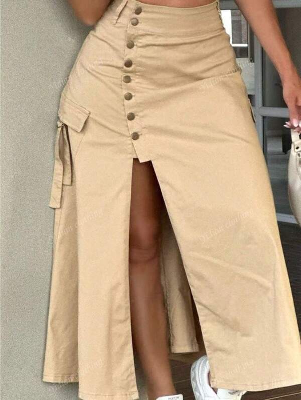 Plus Size Women Casual Solid Color Split Hem Utility Skirt