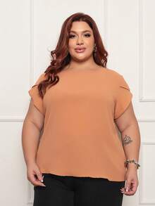 ONLYONE - PLUS SIZE WOMEN'S BLOUSE, SHORT SLEEVE, DOUBLE JAPANESE, LIGHT AND COMFORTABLE DUNAS FABRIC - LARGE WOMEN'S BLOUSES - 摩卡棕 - 查看 3